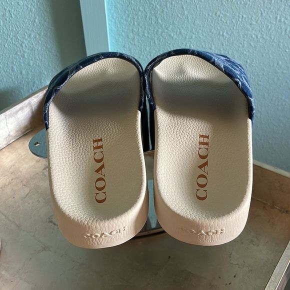 COACH Men's Denim Logo Print Slides in Denim/Chalk Size 10 - Picture 3 of 4
